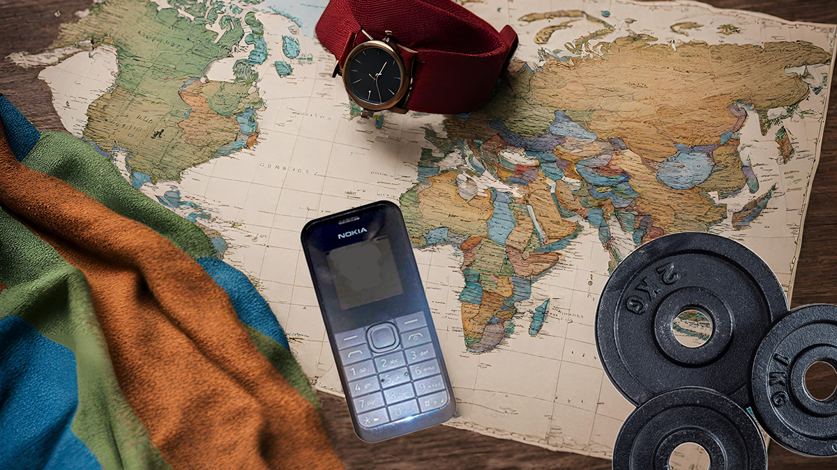 A table with a worl map, a watch, a blanket and an old phone