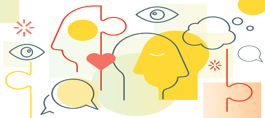 Graphic of speech bubbles, hearts, outlines of faces and puzzle pieces